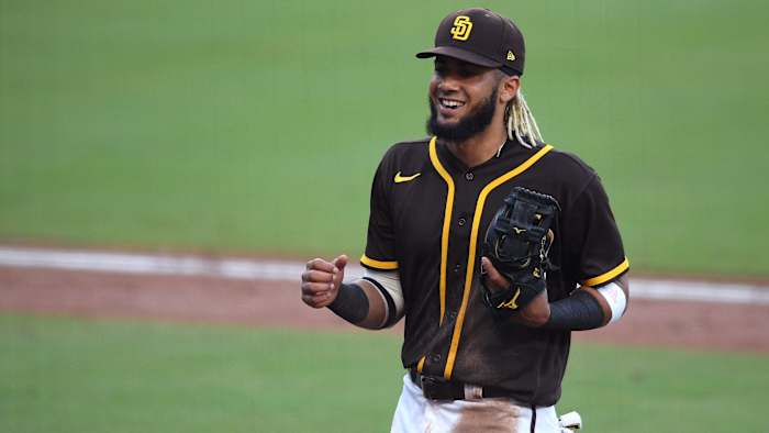 Padres shortstop Fernando Tatis Jr. plays against the Dodgers in an exhibition game.